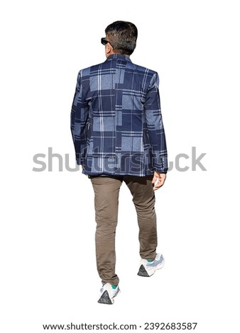 Man wearing sunglasses with plaid jacket on white isolated background. Cutout city dweller walking on the street and looking sideways. Photo of a man for renderings and architectural visualization