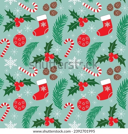 New year decorative background with fir branches, Christmas stocking, ball, holly berries and snowflakes, seamless vector pattern.