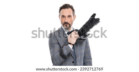 photojournalist in business suit. business photographer with camera. journalist man taking photo isolated on white. paparazzi photographer. businessman hold photo camera. freelance photographer Royalty-Free Stock Photo #2392712769