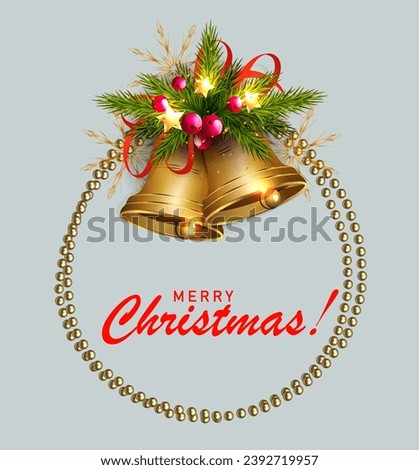 Isolated wreath with golden bells and snowflakes, Christmas design element.