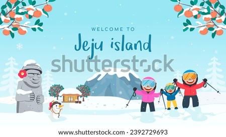Welcome to Jeju Island vector illustration. Family skiing holidays in winter landscape background Royalty-Free Stock Photo #2392729693
