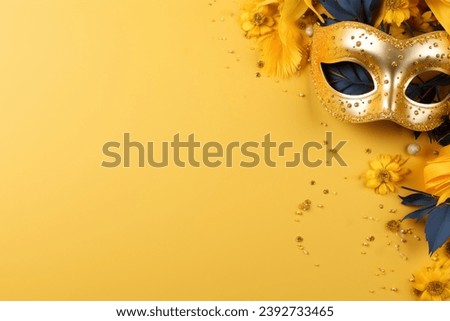 Carnival Party - Venetian Mask On Yellow Satin With Shiny Streamers On Abstract Defocused Bokeh Lights Royalty-Free Stock Photo #2392733465