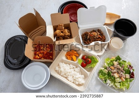 Doggy bags, lunch boxes, and a wide variety of dishes Royalty-Free Stock Photo #2392735887