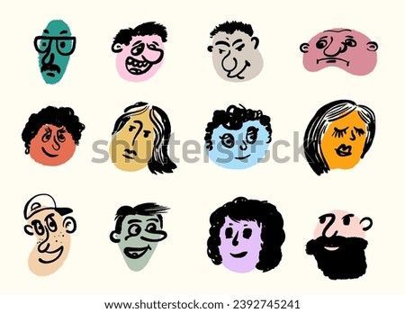 Set of quirky bright portraits. Template vector diverse people. Hand drawn design cute funny characters. Trendy modern cartoon. Art, minimal, abstract contemporary style. Avatar, icon, logo templates.