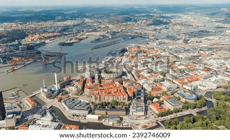 Gothenburg, Sweden. River Gota Alv and Rosenlund Canal. Panoramic view of the central part of the city. Summer day. Cloudy weather, Aerial View   Royalty-Free Stock Photo #2392746009