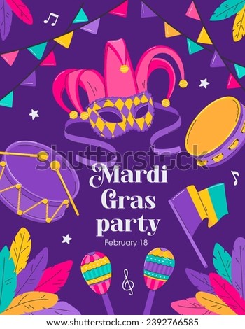 Mardi Gras party poster. Card, invitation template for masquerade carnival, festival. Venetian facial mask, drum, maracas, feathers. Flat vector illustration on purple background. Clipping mask