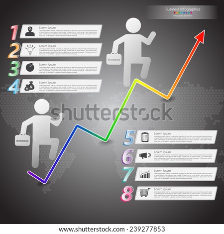 Businessman Running Up Graph Concept for Business Infographics, Number-Business Icons and Text Information With Wold Map on Black Background Design, Vector Illustration.