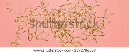 Yellow Confetti Party Vector Panoramic Pink Background. Falling Spiral Poster. Star Decoration Invitation. Chic Paper Design.