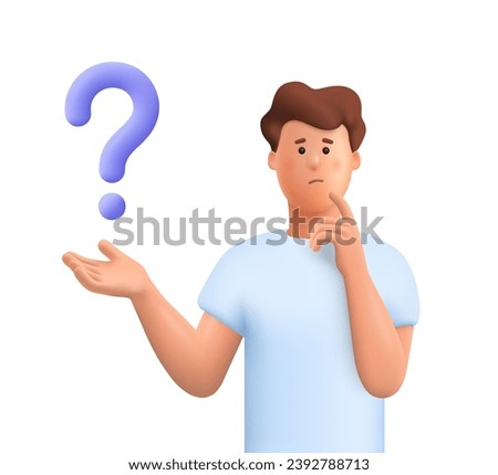 Confused man thinking in a thoughtful pose with question mark. Choice, problem solving concept. 3d vector people character illustration. Cartoon minimal style. Royalty-Free Stock Photo #2392788713