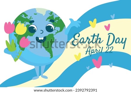 Earth Day greeting card. Planet Earth with a cheerful face smiles joyfully and holds tulips in her hands. Illustration cartoon style isolated on white background.