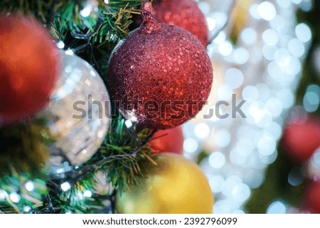 Christmas ball tree with blurred bokeh abstract background copy space merry Xmas Happy new year