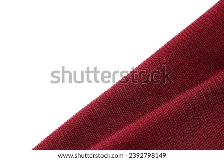 Red sweater texture on white background: aesthetic ruby woolen pullover fabric. Knitted tissue clothing, burgundy dark dress textile. Crimson cardigan wool cloth, 3d wine cashmere 