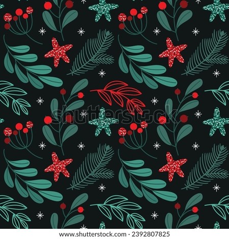 Winter flowers and plants. Seamless background for Christmas decor. Vector.