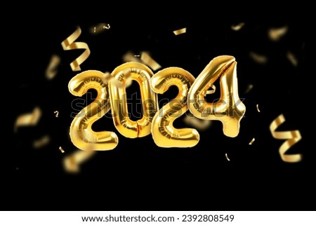 Happy new year 2024 golden balloons with gold confetti on a black background. Luxury balloons 2024