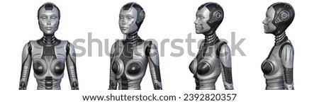 Futuristic robot woman or very detailed humanoid lady. Collage or set of four different angles of the upper body. Isolated on white background. 3d rendering