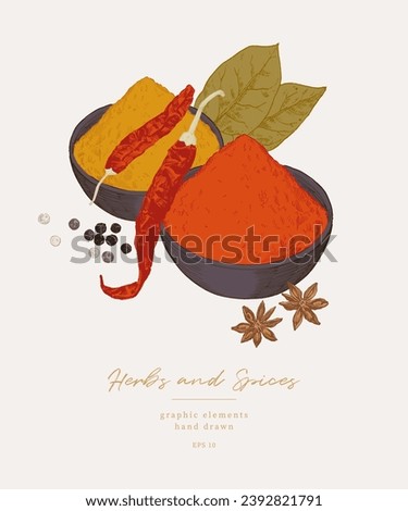 Hand drawn illustrations of spices and culinary herbs. Graphic elements for cook book design , restaurant menu and recipe sheets Royalty-Free Stock Photo #2392821791