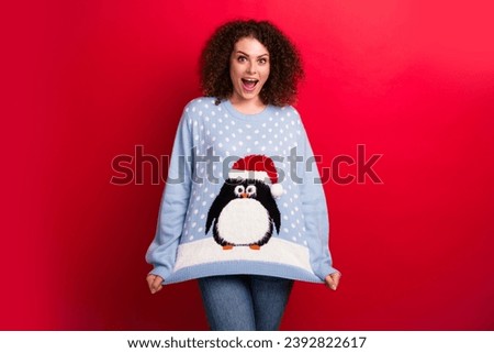 Photo of funky girl wear blue pullover with polar penguin in xmas hat she stretching oversize sweater isolated on red color background