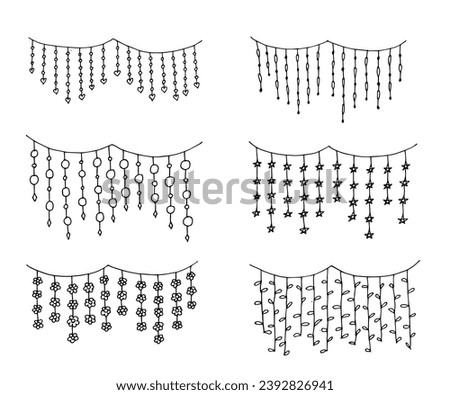 Christmas Set of decorations, garlands lights doodle. String lights. Vector hand-drawn Christmas illumination Design for home decoration isolated on white background.