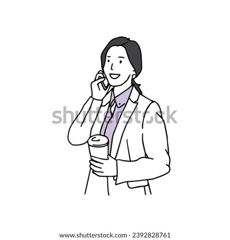 Female office worker talking on the phone while holding a take-out coffee cup.
Hand drawn style vector design line illustrations.