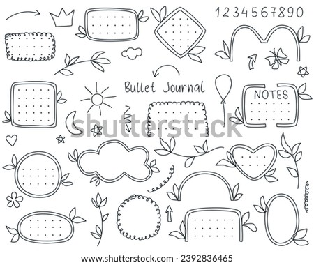 Bullet journal doodle sketch style set. Collection simple hand drawn elements for journaling, writing, planner design and more. Frame, rim, line, arrow, heart, moon, star and others clip art