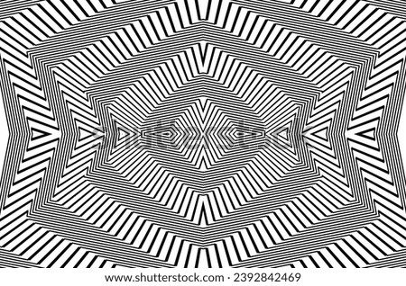 Line art optical art. Psychedelic background. Monochrome background. Optical illusion style. Black dark background. Modern pattern. Abstract graphic texture. Graphic ornament