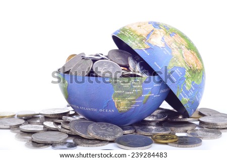 Open globe filled with coins Royalty-Free Stock Photo #239284483