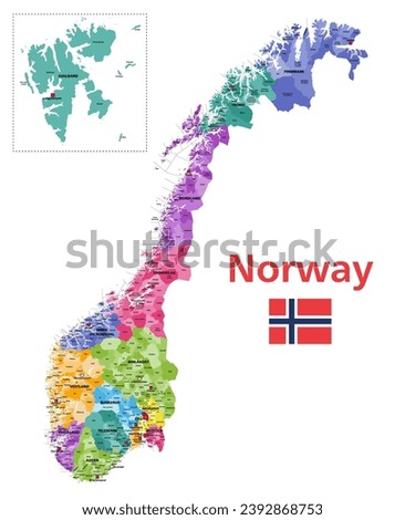 Norway municipalities high detailed vector map colored by administrative regions (counties). All municipalities and capital cities are named. Flag of Norway Royalty-Free Stock Photo #2392868753