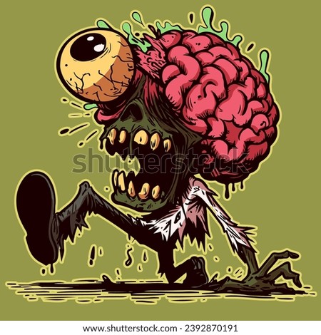 Vector of a walking undead zombie with his brains and eyes popping out. Macabre Halloween illustration of a monster with ripped off clothes walking and crawling