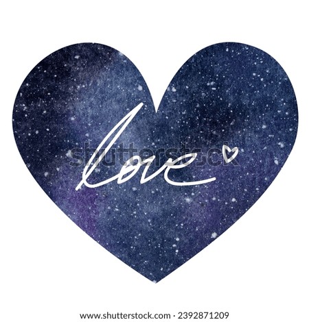 Hand painted watercolor space illustration in the shape of a heart, with the lettering "love". Valentine's Day.