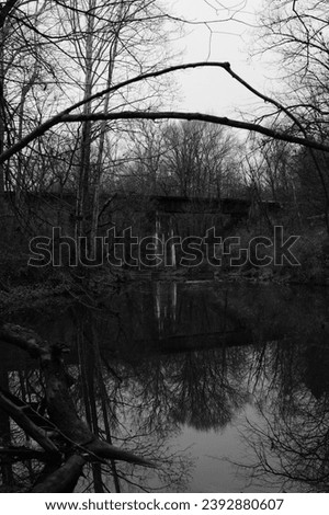 Railroad bridge in the distance crossing the Black River Medina, Ohio in a public nature preserve. 