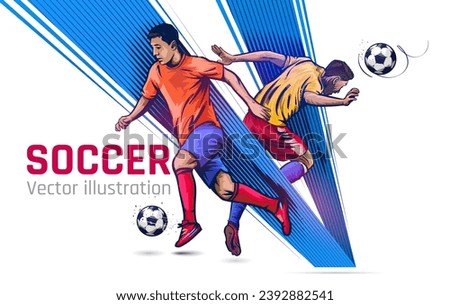 Soccer Player Hits The Ball In Motion. Soccer Banner Template design Vector. Football league vector banner design with soccer ball