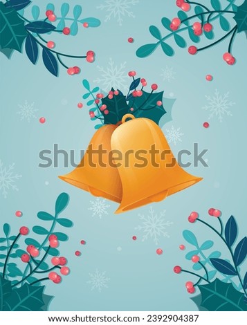 Christmas greeting card with holiday decoration and golden bells. Vector illustration.