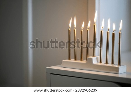 Chanukiah with burning candles. Concept of the Jewish holiday Hanukkah. Royalty-Free Stock Photo #2392906239