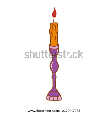 Burning orange candle in antique purple candlestick. Colorful vector isolated illustration hand drawn doodle. Winter holiday season. Lighting element icon clip art