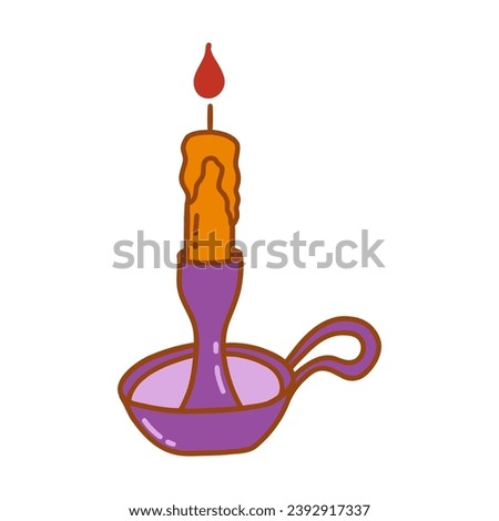 Burning candle in antique purple candlestick with handle. Colorful vector isolated illustration hand drawn doodle. Winter holiday season. Lighting element icon clip art