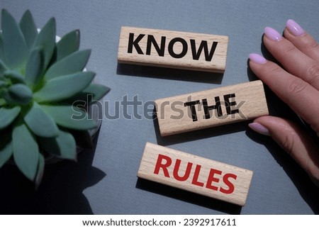 Know the rules symbol. Wooden blocks with words Know the rules. Businessman hand. Beautiful grey background with succulent plant. Business and Know the rules concept. Copy space.