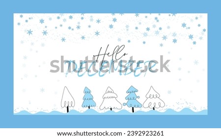 Hello december card design with tree and snow