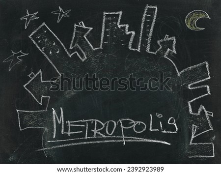 Icon metropolis night, hand draw chalk on chalkboard, blackboard texture