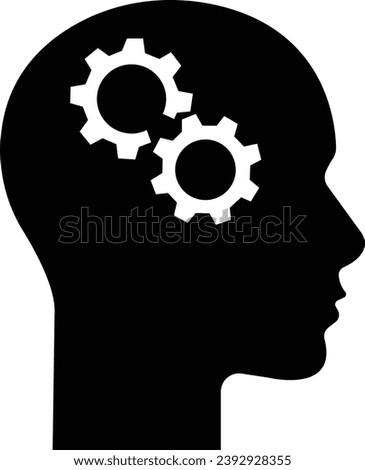 Gears cogs in head representing critical thinking and intelligent problem solving skills black flat vector isolated on transparent background icon for apps and websites