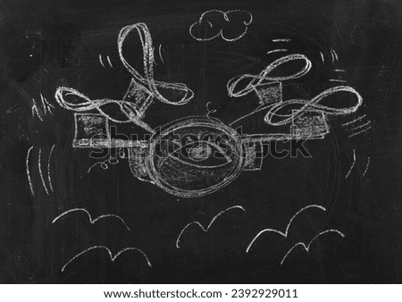 Icon spy drone, hand draw chalk on chalkboard, blackboard texture