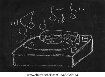 Icon old gramophone, hand draw chalk on chalkboard, blackboard texture