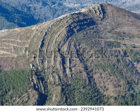 Geological formation called Sil Syncline. This geological formation is due to the folding of the Armorican quartzite due to the opposing forces of the continental plates. Caurel mountain range. Spain Royalty-Free Stock Photo #2392941073