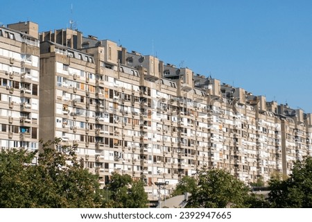 Aerial Shot of Living Discrict in Belgrade, Serbia. Typical socialist multi flat Buildings, Block 23, block 62
