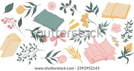 Set of books, flowers, leaves. Open book. Hand drawn illustration for bookstore design, library, postcard design, poster, banner.