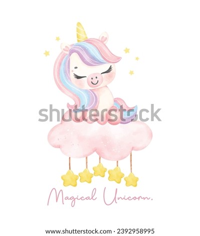 Cute unicorn sitting on cloud watercolor dreamy nursery Art illustration. Magical Unicorn.