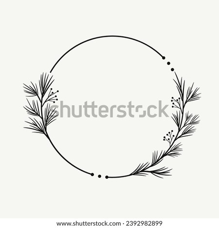 Frame of spruce branches vector illustration, pine tree needles branches greenery hand drawn wreath garland border Royalty-Free Stock Photo #2392982899