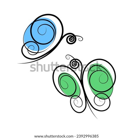 Set of 2 abstract stylized butterflies with spots in trendy marker color. Line art design. Outline