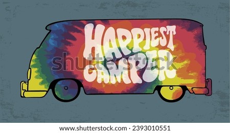 happy camper vector artwork, hippie van life graphic print design, summer road trip vector illustration for t shirt, sticker, poster, tie dye effect vector