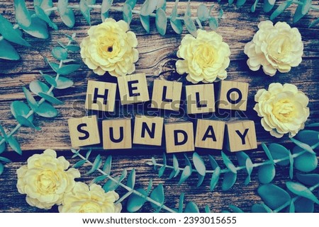 Hello Sunday alphabet letter and flower decorate on wooden background