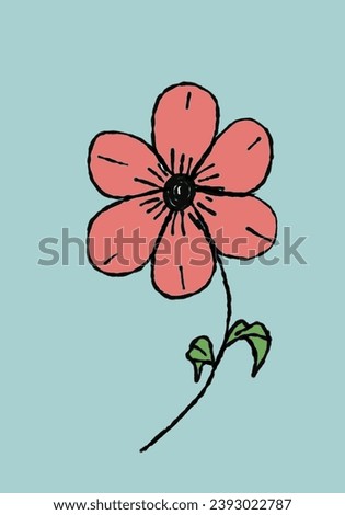 pink flower with two green leafs and six pink petals and with black stalk on blue background 